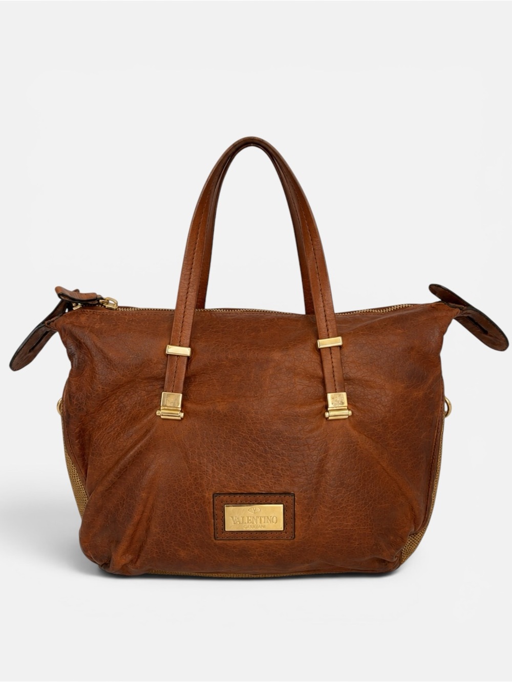 Valentino Cognac Brown Leather Tote with Gold Hardware